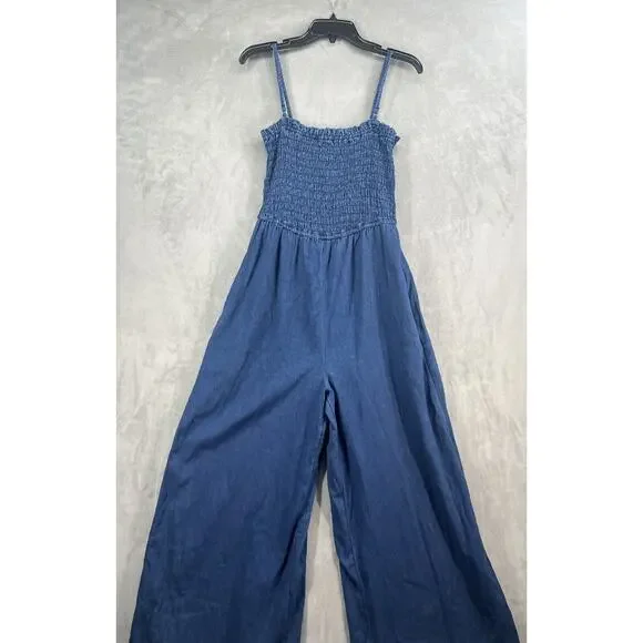 New Anthropologie Pilcro Smocked Jumpsuit Size Small Wide Leg Blue - Picture 4 of 11